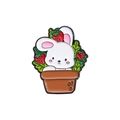 Cute enamel brooch featuring a white rabbit in a flower pot with a strawberry - Rabbit in Pot