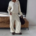 Cream polar fleece tracksuit featuring a half-zip sweatshirt and wide-leg jogger pants - S / Off White