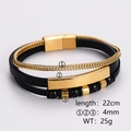 Dreilagiges Herrenarmband aus schwarzem Leder, Goldkette und Perlen, 22 cm Länge - Goldene Perlen geflochtenes Leder mehrlagig (Stil 2)