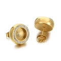 Macro view of gold plated titanium steel round stud earrings with pave zircon border - Gold Style 2 (KLJ4155-Z)