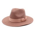 Breathable pink-brown straw fedora hat with elegant silk ribbon and bow for women - M (56-58cm) / Dust Rose