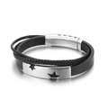 Bracciale multistrato da uomo in pelle nera con piastra in acciaio inox con stella incisa - 21cm Colore Acciaio (KB146629-KLHQ)