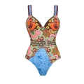 Retro floral one-piece swimsuit with patterned belt and engraved metallic buckle - S / One-Piece Swimsuit