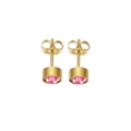 Vue détaillée de boucles d'oreilles rondes en acier doré avec zircons roses incrustés - Or - Pierre de Naissance de Juillet