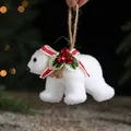 White flocked polar bear ornament with red bells and striped bow for Christmas tree - 7.5x11cm / Bell Bear