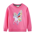Girl's pink cotton sweatshirt featuring floral unicorn print and ribbed cuffs - 80-90cm (2T) / Pink Unicorn Style (3305)