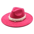 Hot pink wide brim fedora hat with elegant pearl band detail for stage performances - M(56-59CM) / Rose Red (Suede)