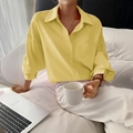 Chemise rayée jaune décontractée pour femmes, coupe ample à manches longues et poche - S / Jaune