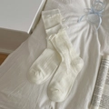 White Lolita calf socks featuring vertical stripes, lace trim and ribbon bow accents - Lace Bow / White Lace Bow