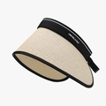 Beige straw wide brim sun visor with black textile headband featuring white lettering - Beige