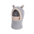 Kids grey plush hooded knit hat with cute animal ears and integrated neck warmer - Gray