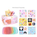 Pink plush tissue box toy for babies featuring colorful educational crinkle squares - Pink Animal Style (1911) / Box + 8 Scarves + 3 Crinkle Papers