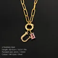 14K gold plated stainless steel necklace with letter U and pink crystal pendant - Letter U
