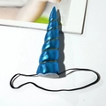 Blue metallic unicorn horn headband with gold spiral detail and black elastic strap - Blue