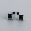 Asymmetric geometric stud earrings with black round and square cubic zirconia stones - White Gold (Black Stone)