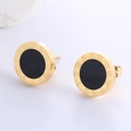 Macro view of gold stud earrings with black center and engraved Roman numerals - Gold Roman Numeral Black Center Round (Style 10)