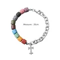Bracciale in pietra vulcanica colorata e acciaio al titanio con ciondolo croce - Stile Croce / 20cm