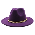 Close-up of purple wool fedora hat with elegant gold braided rope band detail - M (56-58cm) / Purple