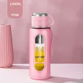 Pink 1000ML glass water bottle with stainless steel tea infuser and carry handle - 1400ML-Steel Lid Cup / Pink (Long Filter)