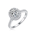 Detailed view of an oval-cut moissanite ring with halo setting and pavé band in silver - R12863-8.0/2 Carats/8.0mm-gra/black Card / US Size 7 / Circumference 54.3mm
