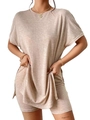 Detail des haferbeige gestrickten Sommersets mit Oberteil und Radlerhose aus Strick - S / Khaki