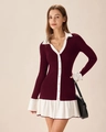 Slim-fit burgundy knit mini dress with white contrast ruffles and button-down front - S / Burgundy