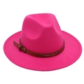 Detail of rose red fedora hat with brown leather strap and silver metal buckle - Rose Red (Two Studs)