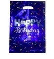 Dark blue plastic Happy Birthday gift bag with silver lettering and colorful confetti pattern - 12 Dark Blue Confetti Birthday (17*25CM)