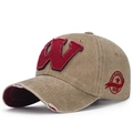 Vintage khaki baseball cap with red W patch and distressed details for men and women - Adjustable / Beige