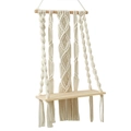 Boho woven macrame wall shelf with beige cotton ropes and natural wood board - Off-White Style D