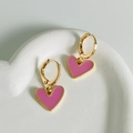 Elegant C-shape heart earrings in pink enamel finish with golden metal hooks - Pink Glaze (10334)