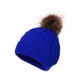 Royal blue cable knit beanie for children with a fluffy brown faux fur pom pom top - One Size / Sapphire Blue