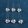 Detail of silver flower hair pins with pearls and rhinestones for bridal styling - Five-petal Flower Pearl Style (FZ-001) / 6Pcs/Set / Silver