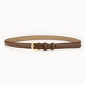 Slim brown leather belt for women featuring a polished gold buckle and fine stitching - Caramel color