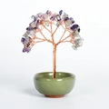 Handmade amethyst and copper wire crystal tree in a cracked green ceramic bowl - Colorful Fluorite