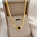 Elegant gold flat snake chain necklace with circular Roman numeral pendant and black inlay - Roman Numerals Black Ring Snake Chain Gold (N203)