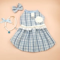 Blue tweed plaid pet dress with white flowers, pearl belt, and matching bow set - XS / Blue Tweed Dress + Necklace + Headflower