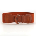 Detail of wide elastic waist belt featuring a brown crocodile texture leather buckle - Brown