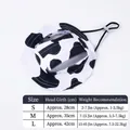Pet sun hat with cow print pattern and adjustable drawstring size chart specifications - Black & White