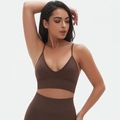 Seamless chocolate brown yoga set with deep V-neck sports bra and high-waist leggings - Brown