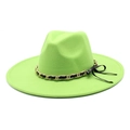Close-up of lime green wool fedora with gold chain and black ribbon bow detail - M (56-58cm) / Fruit Green