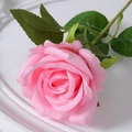 Pink artificial velvet rose with multi-layered petals and green leaves for home decor - 7cm / Pink (Silk Cloth)