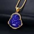 Collana Buddha dorata stile Hip Hop con opale blu e cristalli su sfondo nero - Pendaglio Blu