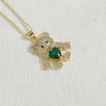 Golden bear pendant necklace with white zircons and a green heart gemstone accent - Green Heart (XL2572-5)