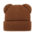 Close-up of brown knit baby hat featuring cute bear ears and vertical ribbed texture - M (6 Months - 3 Years) / Caramel color