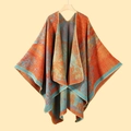 Artistic oil painting style knitted shawl cloak with orange and blue abstract patterns - 130x150cm / Jiangnan Water Town Orange
