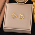 Golden hollow butterfly stud earrings presented in a luxury beige jewelry gift box - G3208 Hollow Butterfly Earrings Gold
