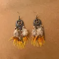 Bohemian tribal style earrings with bronze rings and brown orange feather tassels - Chicken Feather Tassel (H2707)