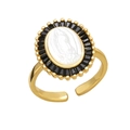 Vintage Goldring mit Maria-Relief, ovaler Form und schwarzer Edelsteinumrandung - Schwarze Zirkonia/Jungfrau Maria Relief / Schwarz