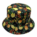 Women's reversible bucket hat with black floral and fruit print for outdoor sun protection - Peach